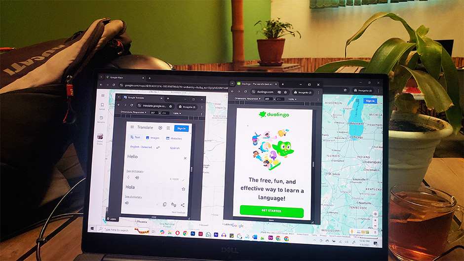 a traveler comparing language learning apps