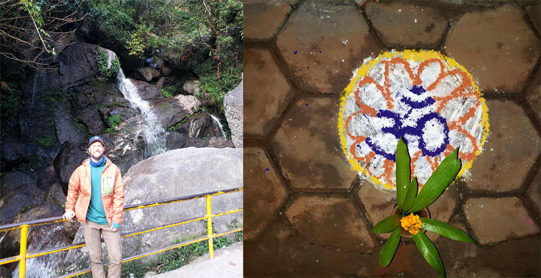Zach and the rangoli mandala he created with OM symbol   