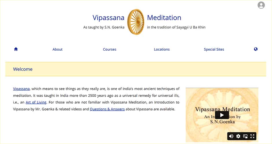 interface of vipassana website